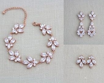 Rose gold bracelet and earrings Bridal jewelry set Bridal bracelet Bridal earrings Chandelier earrings Stud earrings Bridesmaid gift DIVINE