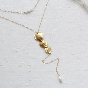 gold filled back necklace with cascading leaf pendant and freshwater pearls