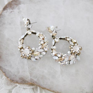 Crystal bridal earrings, Round hoop earrings, Bridal jewelry, Antique gold Wedding earrings, Boho style earrings, Wedding jewelry image 5