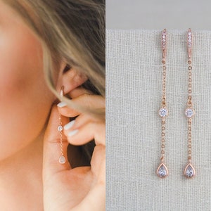 Long Dainty Bridal earrings Rose gold earrings Delicate crystal drop earrings Bridal jewelry Simple Wedding earrings Bridesmaid wedding gift