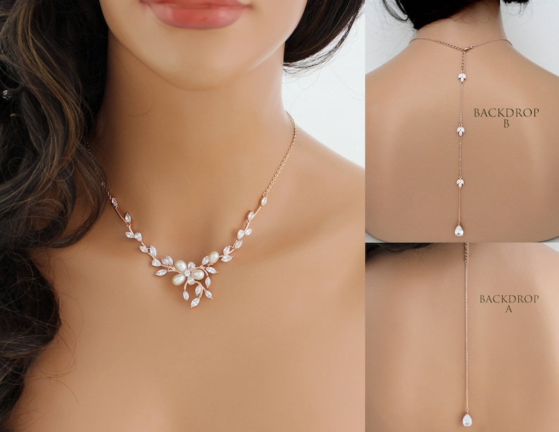 May include: A rose gold bridal necklace with a delicate floral design and pearl accents. The necklace is shown on a model wearing it as a choker. The image also shows two backdrops with rose gold chains and pearl accents, labeled "Backdrop A" and "Backdrop B".