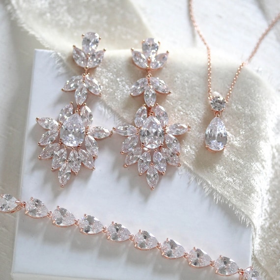 Rose gold jewelry set, Rose gold Bridal earrings, Wedding jewelry set, Rose gold bracelet, Tennis bracelet, Bridal jewelry set, Necklace set
