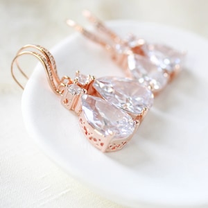 Rose Gold Bridal earrings, Bridal jewelry, Crystal dangle Wedding earrings, CZ Teardrop earrings, Bridesmaid earrings Wedding jewelry