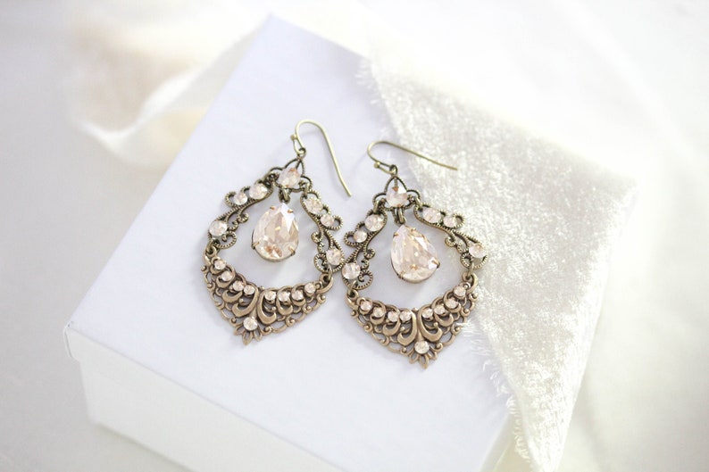 Antique gold Bridal earrings Vintage style Chandelier earrings Bridal Jewelry Wedding jewelry Golden shadow crystal earrings image 2