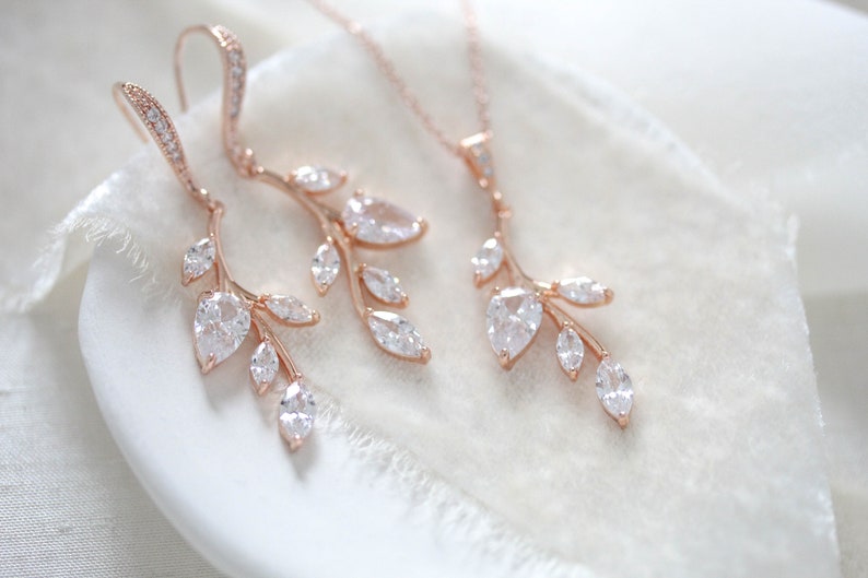 rose gold vine earrings and matching pendant necklace