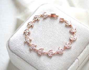 Rose gold bracelet Leaf Bridal bracelet Bridal jewelry Rose gold jewelry Tennis bracelet Simple bracelet Bridesmaid jewelry CZ bracelet