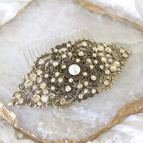 Antique Silver and Gold Crystal Hair Comb Antique Silver Crystal Encrusted Bridal Hair Comb – La Bella  main image 3