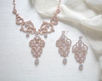 Rose gold Bridal jewelry, Rose gold Bridal necklace, Rose gold Bridal earrings, Rose gold jewelry for Bride, Wedding jewelry, Jewelry set