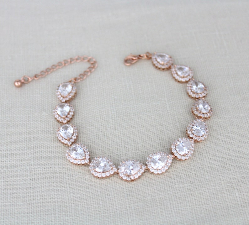 Rose Gold Bridal bracelet CZ teardrop bracelet Bridal jewelry Etsy