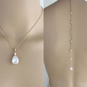 Braut zurück Halskette Rose gold Hintergrund Halskette Brautschmuck zurück Schmuck CZ zurück Tropfen Halskette Boho Hochzeit zierliche Rose gold Halskette