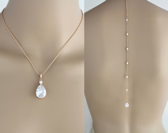 Bridal back necklace Rose gold backdrop necklace Bridal jewelry Back jewelry CZ back drop necklace Boho Wedding Dainty Rose gold necklace