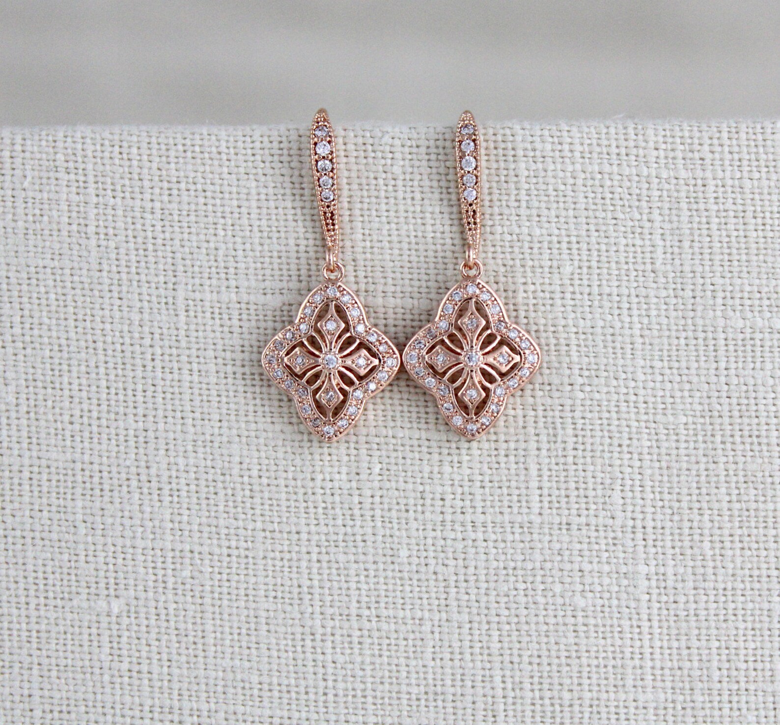 Rose Gold Earrings Crystal Bridal Earrings Simple Wedding - Etsy