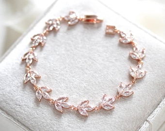 Rose gold bracelet Leaf Bridal bracelet Bridal jewelry Rose gold jewelry Tennis bracelet Simple bracelet Bridesmaid jewelry CZ bracelet
