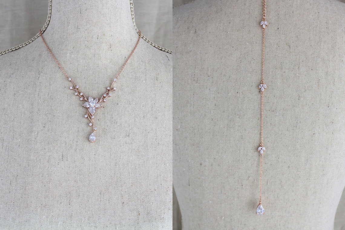 Rose Gold Backdrop Necklace Bridal Back Drop Necklace Bridal Etsy