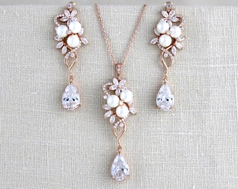 Orecchini da sposa in oro rosa, orecchini da sposa in cristallo, gioielli da sposa, set di collane, set di gioielli, gioielli da damigella d'onore, collana da sposa MIA