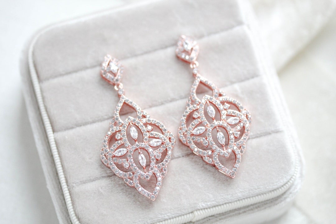 Rose Gold Bridal Earrings Bridal Jewelry Statement Wedding - Etsy