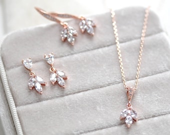 Set di gioielli da sposa, Gioielli da sposa in oro rosa, Collana e orecchini delicati, Gioielli minimalisti per la sposa, Orecchini in oro rosa per la sposa