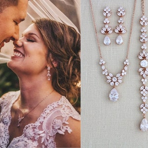 Rose Gold Back Drop Bridal Necklace Backdrop Necklace Crystal Leaf Necklace Bridal Jewelry SET Rose gold necklace and earrings Wedding Day