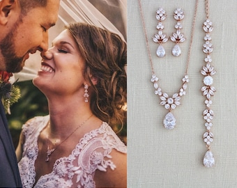 Collier de mariée goutte dans le dos en or rose, collier de feuille de cristal, collier de bijoux de mariée, collier et boucles d'oreilles en or rose le jour du mariage