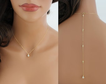 May include: A gold necklace with a teardrop-shaped pendant and a long chain that extends down the back. The necklace is worn by a model.