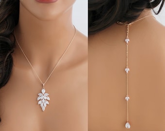 Rose gold back necklace Rose gold necklace Bridal backdrop necklace Bridal jewelry CZ necklace Wedding jewelry Rose gold jewelry