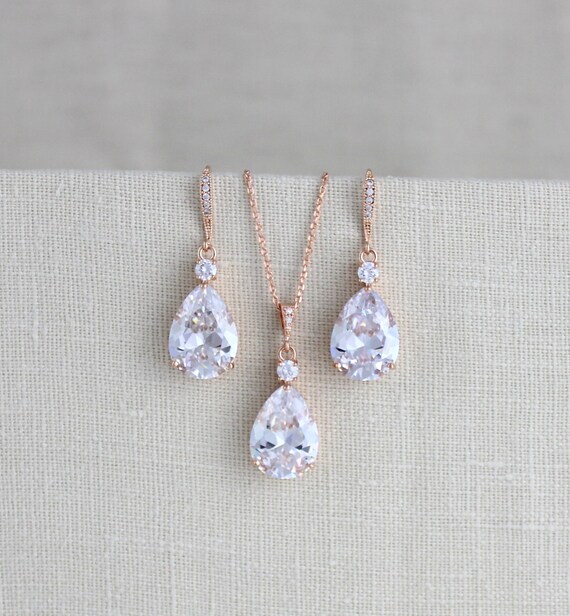 Rose Gold Wedding jewelry SET Bridal necklace and earring Set Etsy