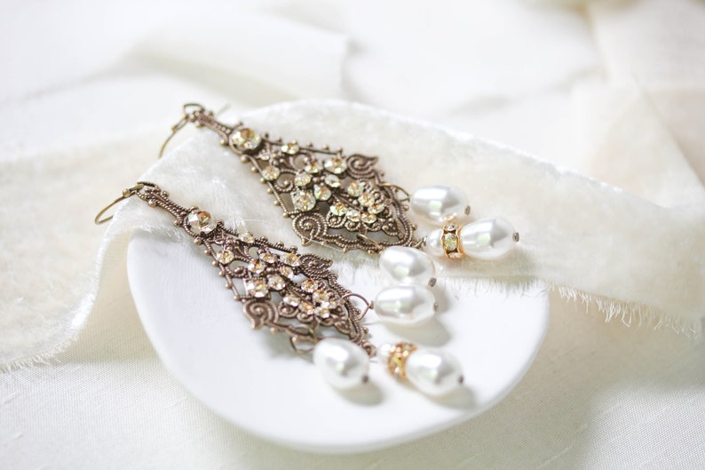 Crystal Bridal Earrings Jewelry Pearl Chandelier Crystal Bridal Earrings Jewelry, Vintage Brass Chandelier Earrings Wedding