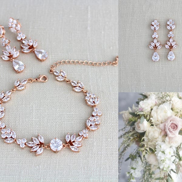 Rose gold bracelet and earrings set, Bridal jewelry, Bridal bracelet, Rose gold earrings, Bridal earrings, Bridesmaid gift, Wedding jewelry