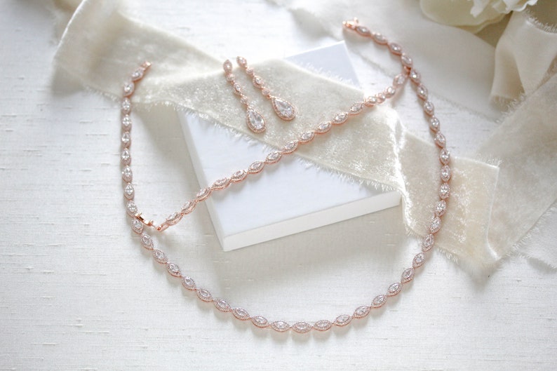 Rose Gold Wedding Jewelry Set Bridal Necklace Set CZ Bridal Etsy