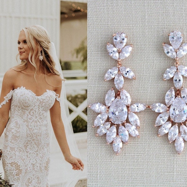 Rose Gold Bridal earrings, Bridal jewelry, Vintage style Wedding earrings, Statement Chandelier earrings, Crystal earrings Dangle earrings