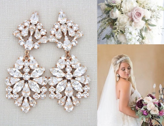 Rose Gold Wedding earrings Crystal Bridal earrings | Etsy