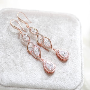 Rose gold Bridal earrings, Bridal jewelry, Earrings for Bride, Wedding earrings, Long Drop earrings, Rose gold Wedding jewelry, Dangle