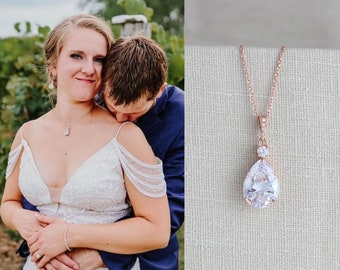 Rose Gold necklace Crystal Bridal necklace Wedding jewelry Bridesmaid necklace Rose gold Wedding necklace Crystal drop necklace