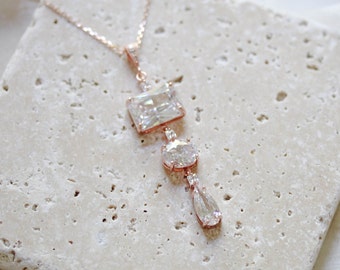 Rose gold Bridal necklace, Bridal jewelry, Emerald cut necklace, Pendant Wedding necklace, Rose gold Wedding jewelry, Necklace for Bride