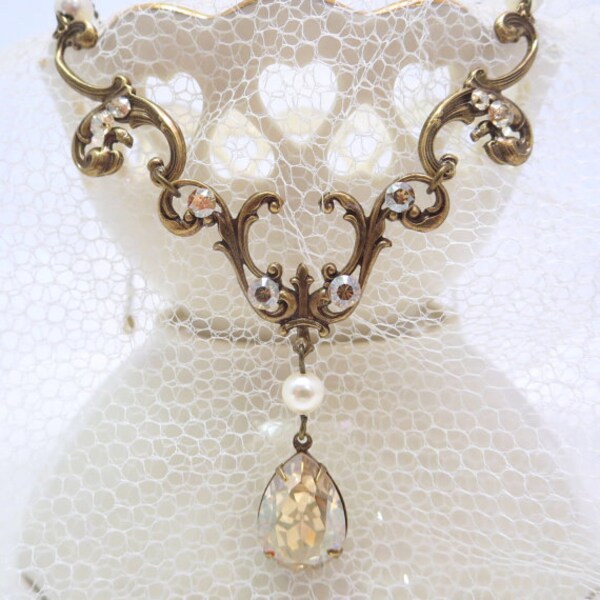 Bruids ketting Champagne gouden ketting, bruiloft sieraden, Swarovski kristal ketting, antieke gouden bruiloft ketting, Vintage stijl ketting