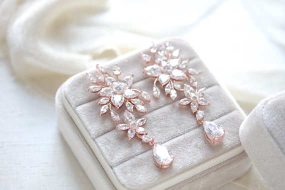 Vintage Filigree Statement Chandelier Bridal Earrings - Rose Gold Earrings + Necklace / Silver
