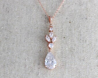 Rose gold Bridal necklace Wedding jewelry Simple wedding necklace Crystal necklace Bridesmaids necklace Cubic zirconia Bridal jewelry