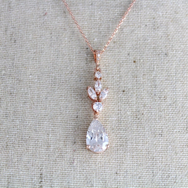 Rose gold Bridal necklace Wedding jewelry Simple wedding necklace Crystal necklace Bridesmaids necklace Cubic zirconia Bridal jewelry