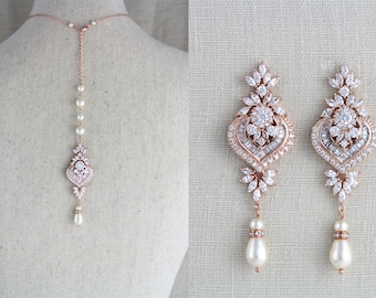 Rose Gold Wedding necklace Set Crystal Bridal Earrings Rose gold jewelry Rose Gold Earrings Bridal jewelry SET Wedding necklace EMMA