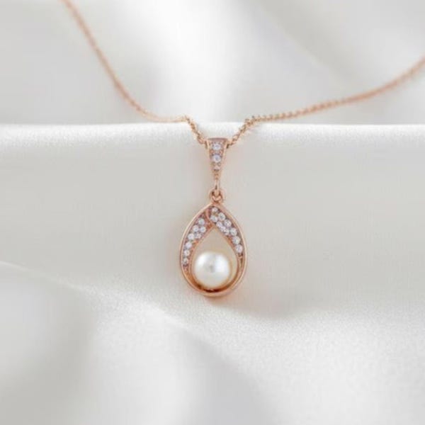 Rose Gold Perle Teardrop Brauthalskette, Zirkonia Anhänger Halskette für Hochzeit, Dainty Schmuck