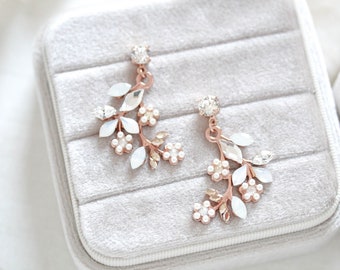 Rose gold Bridal earrings, Bridal jewelry, Floral crystal earrings, Rose gold Wedding earrings, White opal earrings, Wedding jewelry