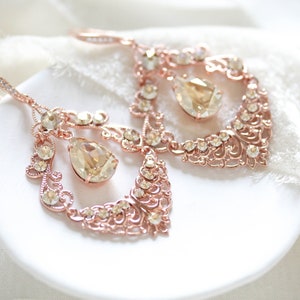 Antique gold Bridal earrings Vintage style Chandelier earrings Bridal Jewelry Wedding jewelry Golden shadow crystal earrings rose gold