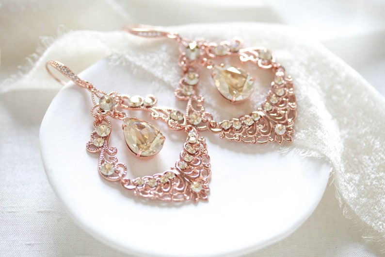 Antique gold Bridal earrings Vintage style Chandelier earrings Bridal Jewelry Wedding jewelry Golden shadow crystal earrings rose gold