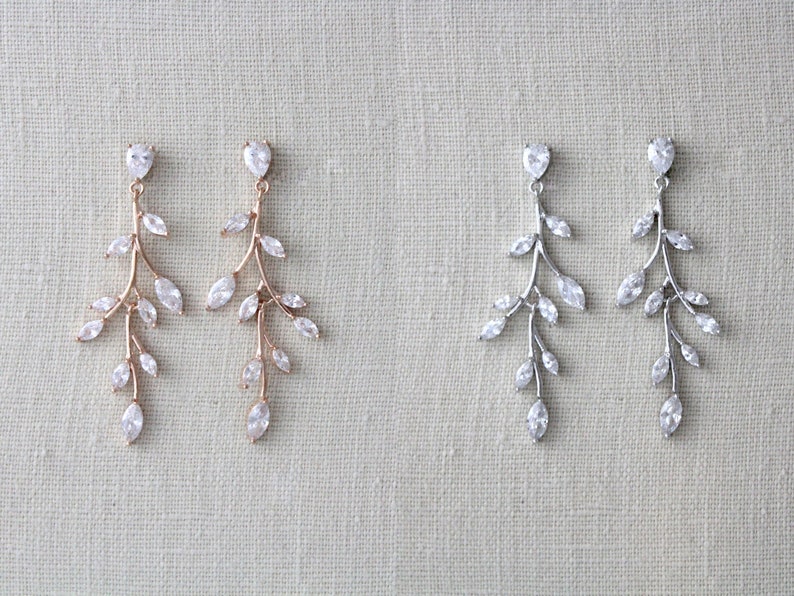 Rose gold and silver cubic zirconia vine earrings for wedding