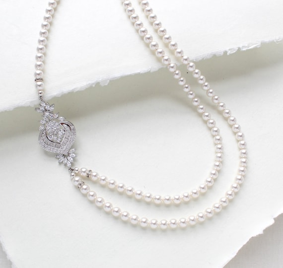 Pearl Necklace, Bridal Necklace, Bridal Jewelry, Crystal