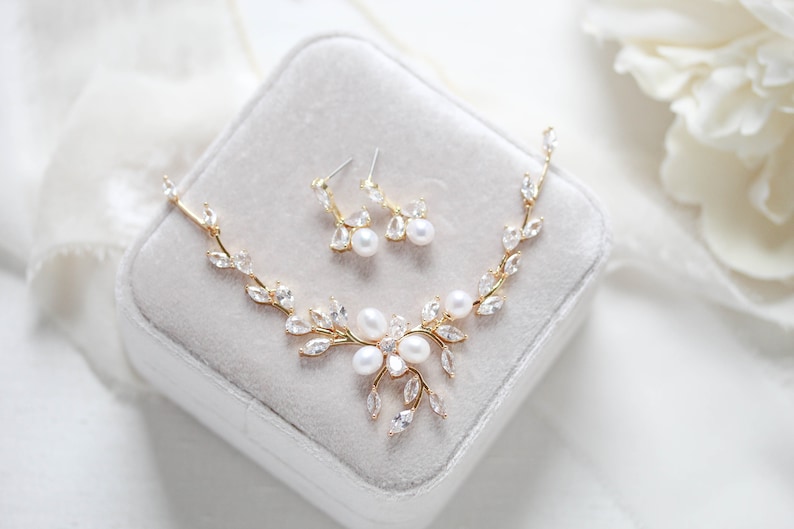Gold Pearl and cz necklace set for bride