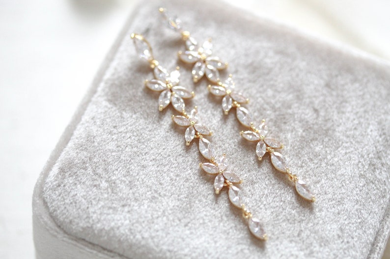 Long Rose gold Bridal earrings, Bridal jewelry, Crystal Wedding earrings, CZ earrings, Delicate earrings, Rose gold Wedding jewelry image 6