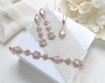 Rose gold Bridal jewelry set, Rose gold Bridal earrings, Necklace, earrings and bracelet set, Wedding day jewelry, Cubic zirconia jewelry