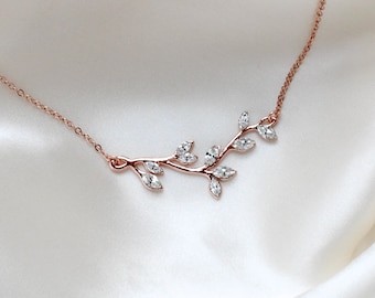 Rose gold Bridal necklace Bridal jewelry Bridesmaid necklace Wedding jewelry Crystal necklace Leaf necklace Layering necklace Simple wedding