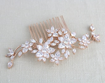 Peine de pelo de oro rosa Peine de pelo nupcial Tocado de oro rosa Peine de pelo de cristal Peine de pelo de cristal Tocado de boda Accesorios para el cabello LILY